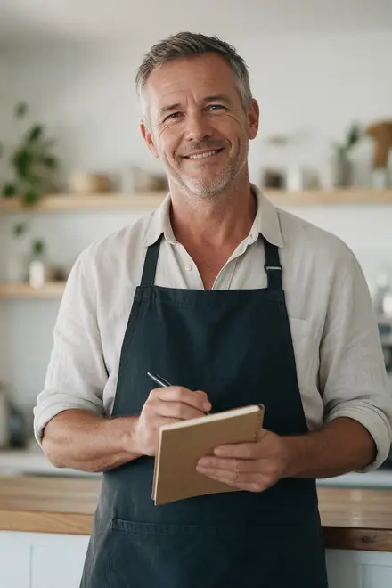 A cafe owner smiling behind his counter, notebook and pen in hand